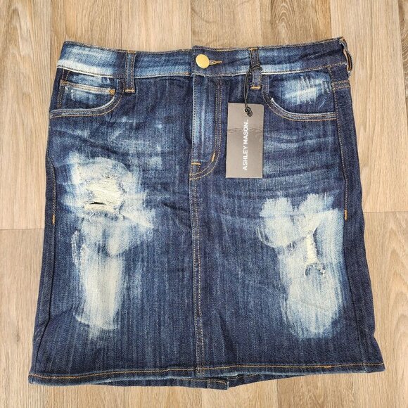 Ashley Mason Women's Size 30 Blue Denim Distressed‎ Dark Wash Pencil Jean Skirt - Picture 1 of 8
